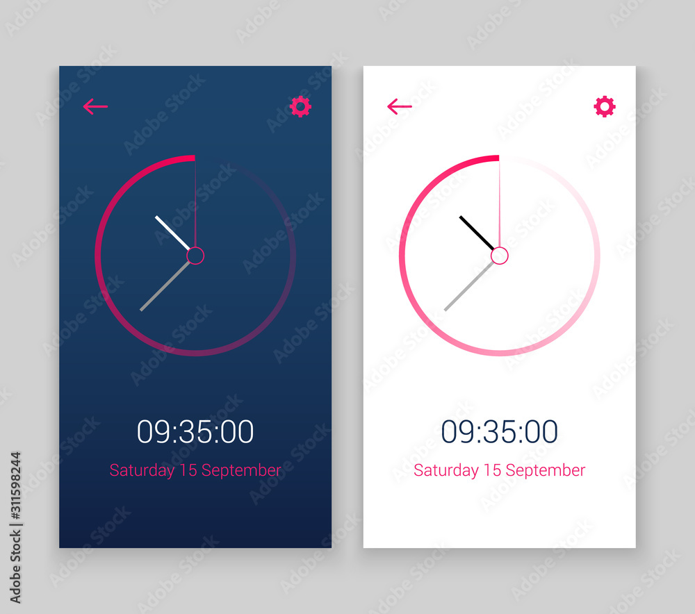 Poster clock mobile app concept ui design day and night. clock user interface time vector widget design mod