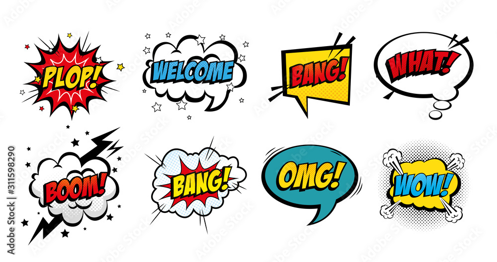 Poster set of expressions and explosions pop art style icon vector illustration design