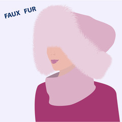 Girl in a stylish knitted hood, fur trim, pink long pile - vector. Artificial fur. The headdress is female. Fashionable clothes