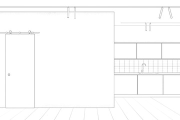 Sketсh of an empty modern interior with a wall and tiled floor, with a kitchen in the background. Front view. 3d render