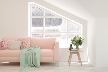 Stylish room in white color with sofa and winter landscape in window. Scandinavian interior design. 3D illustration