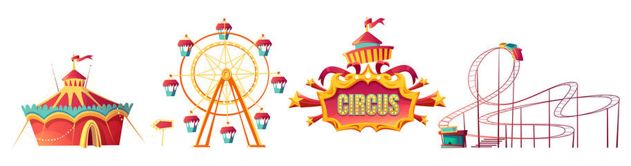 Amusement park, carnival or festive fair cartoon vector illustration. Rollercoaster, circus tent and ferris wheel, elements for children summer fun isolated on white background, announcement frame © klyaksun