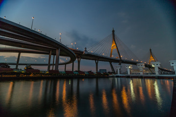 Fototapeta na wymiar Reflection at waterway of Bhumibol Bridge in Bangkok, Thailand