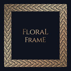 Gold vintage floral frame for design, template. Luxury, royal ornament in celtic, damascus style with lily. Premium illustration. Ornate decor, square border for invitation, card, certificate, reward