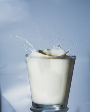 Milk splash in a glass on blue background 