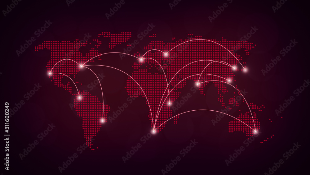 Poster dotted red world map with curving lines or flight paths connecting highlighted cities. dark purple b