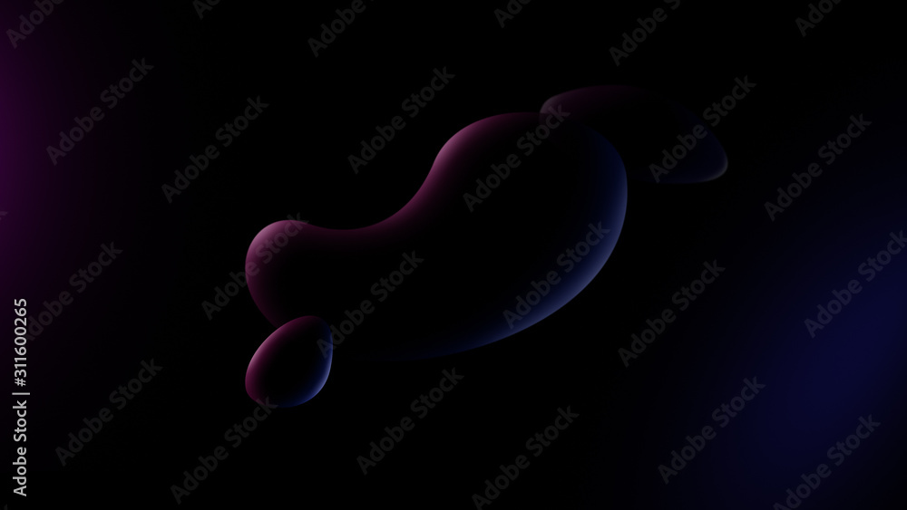 Poster round and slightly transparent bubbles or fluid objects floating on black background. purple and blu