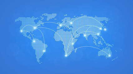 Dotted world map with curving lines or flight paths connecting highlighted cities. Blurred light blue background in 4k resolution. Concept photo of global communications, traveling and globalisation.