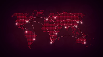 Dotted red world map with curving lines or flight paths connecting highlighted cities. Dark purple background in 4k resolution. Concept photo of global communications, traveling and globalisation.