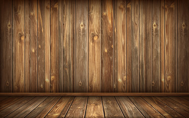 Wooden wall and floor with aged surface, realistic vector illustration. Vintage wall and floor made of darkened wood, realistic plank texture. Empty room interior background