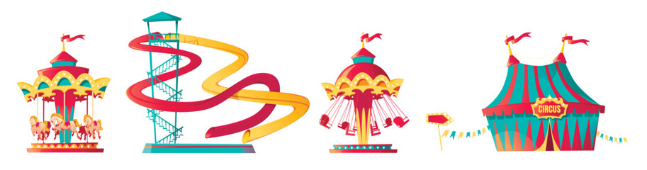 Amusement park, carnival or festive fair cartoon vector illustration. Circus tent arrow pointer, carousel, merry-go-round and waterslide, elements for children summer fun isolated on white background © klyaksun