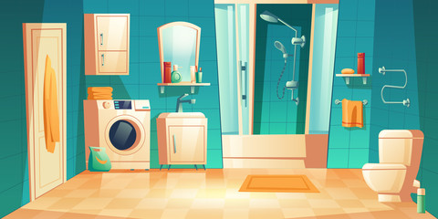Modern bathroom interior with furniture cartoon vector illustrations. Shower cabin, washer, sink and toilet, racks and accessories shelf, heated towel rail, mirror on blue tile wall, home background