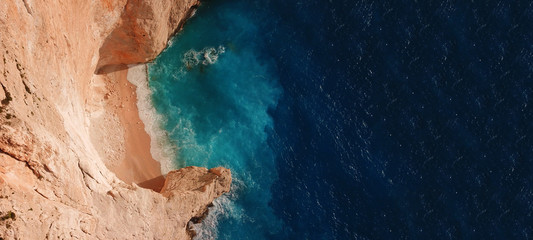 Aerial drone ultra wide photo of paradise turquoise bay with clear sea in exotic Caribbean island