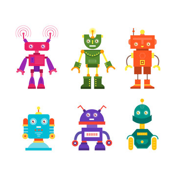 Vector set of modern robot character icons flat style
