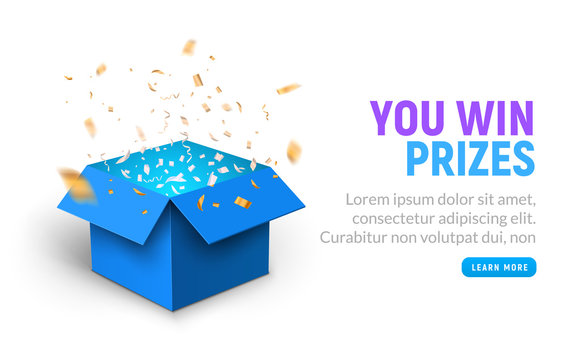 Vector prize gift box confetti explosion background. Open box winner reward  Stock Vector | Adobe Stock
