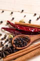 Spices and herbs. Food and cuisine ingredients. Cinnamon sticks, anise stars, black peppercorns, Chili, Cardamom and Cloves on a wooden background