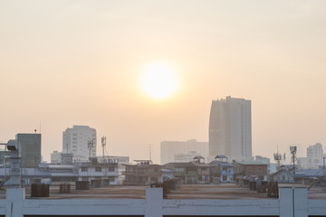 BANGKOK, THAILAND - 19 DECEMBER  2019 : City view and building in Bangkok Thailand in morning with air pollution haze and fog from dust atmospheric aerosol particles, particulate matter or PM2.5