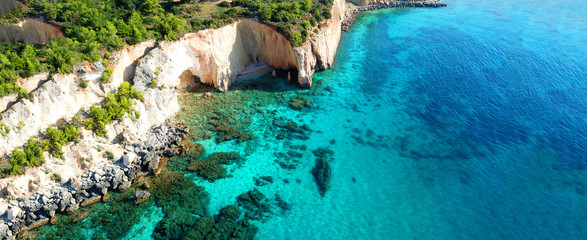 Aerial drone ultra wide photo of paradise white bay with turquoise clear sea in island of...