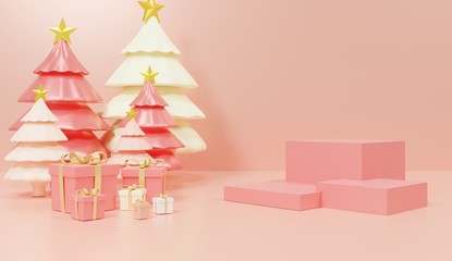 3d abstract minimal geometric forms. Glossy luxury podium for your design. Pastel color scene for show product. Pink Gift box that decorate on podium. Happy new year background.