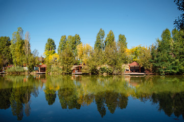 Fototapeta na wymiar Landscape in city park with lake.