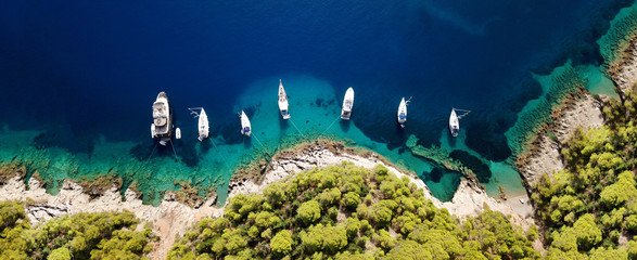 Aerial drone ultra wide photo of iconic village of Assos in Kefalonia island, Ionian, Greece