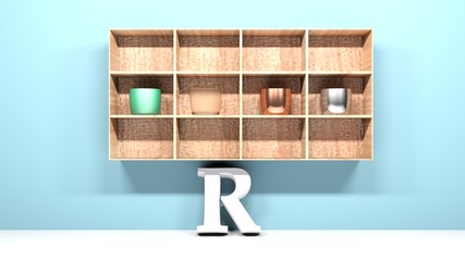 Modern hanging shelf with decorative vases at blue wall with R on floor - 3D rendering illustration