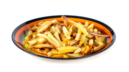 fried potato slices on a plate on a white background.
