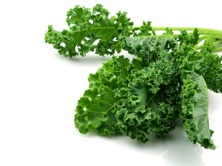 Obraz premium Green kale leaves, one of the super foods, isolated on a white background, beneficial for health lovers. High in antioxidants