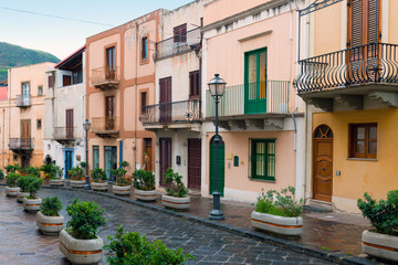 Fototapeta na wymiar a beautiful typical multicolored street in Lipari, Aeolian islands, Italy.