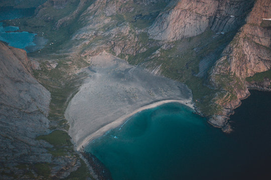 Top down drone view of Bunes Beach in Lofoten, Norway