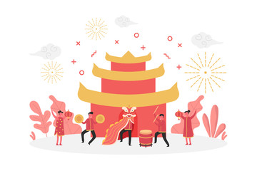 concept of Chinese new year festival celebration with happy tiny people character playing lion dance, flat vector illustration for web, landing page, ui, banner, editorial, mobile app and flyer