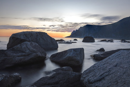 Long exposure of a rocky coastline in Lofoten, Norway