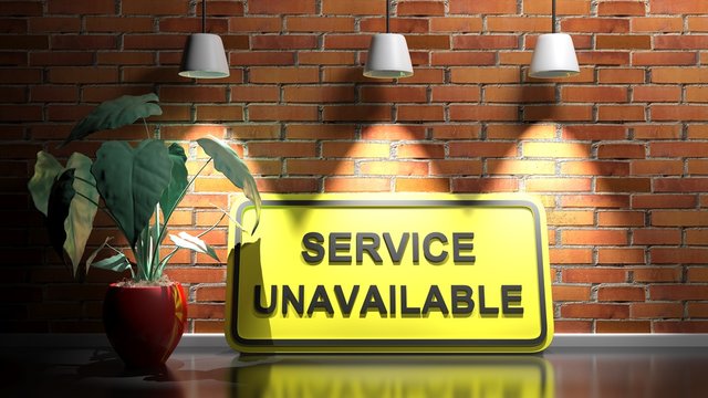SERVICE UNAVAILABLE on yellow sign at red bricks  illuminated wall - 3D rendering illustration