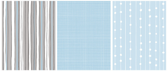 Hand Drawn Childish Style Seamless Vector Patterns.White,Black and Blue Vertical Stripes on a Gray Background. White Grid On a Blue. White Tiny Lines with Dots on a Light Blue.Simple Geometric Prints.