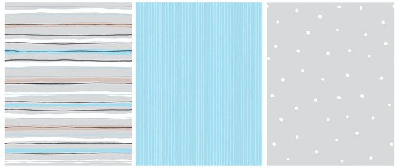Hand Drawn Childish Style Seamless Vector Patterns.White,Black, Brown and Blue Horizontal Stripes on a Gray Background. White Dots On a Gray. White Tiny Lines on a Light Blue. Simple Geometric Prints. © Magdalena