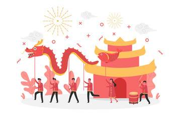 concept of Chinese new year festival celebration with happy tiny people character playing dragon dance, flat vector illustration for web, landing page, ui, banner, editorial, mobile app and flyer