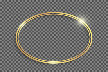 Golden double ellipses frame with shadows and highlights isolated on a transparent background.