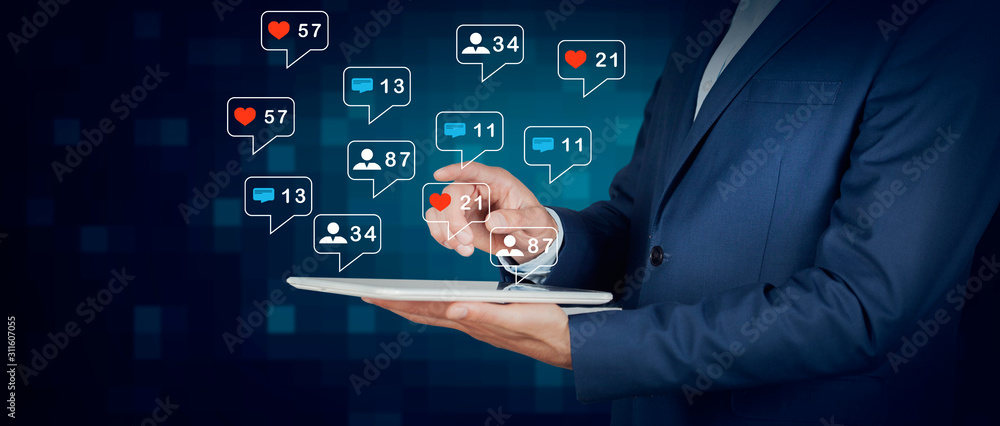 Aufkleber concept of using a tablet for social media.