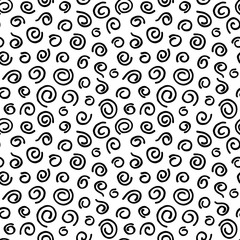 Seamless pattern with spirals strokes made by hand with ink and brush. Doodle style.  Black swirl particles isolated on white backgorund. Repeatable minimalistic pattern. 