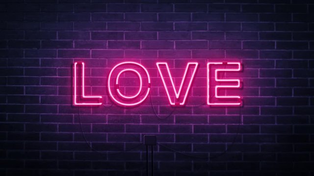Neon sign. Retro neon Love sign on purple brick background. Motion graphic Design for Happy Valentine's Day greeting card.