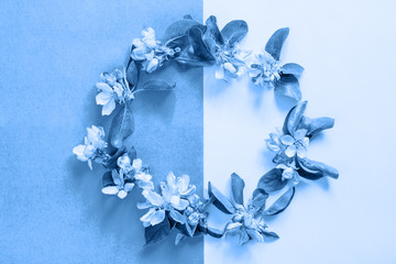 Classic blue 2020. Gradient color palette. Wreath of spring branches. Minimal easter concept. Top view flat lay background.