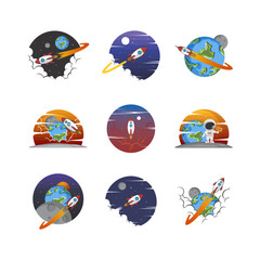 rocket ship launch space travel sign badge label logo set