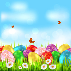 Easter card with eggs on the grass, butterflies and flowers against the sky. Vector.