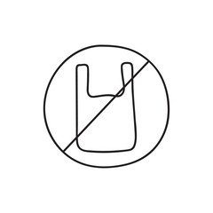 Vector icon in hand drawn style ban of plastic trash. Symbol prohibition of plastic bag.