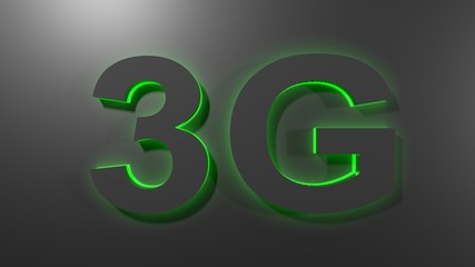 3G black write with green light, on black surface - 3D rendering illustration