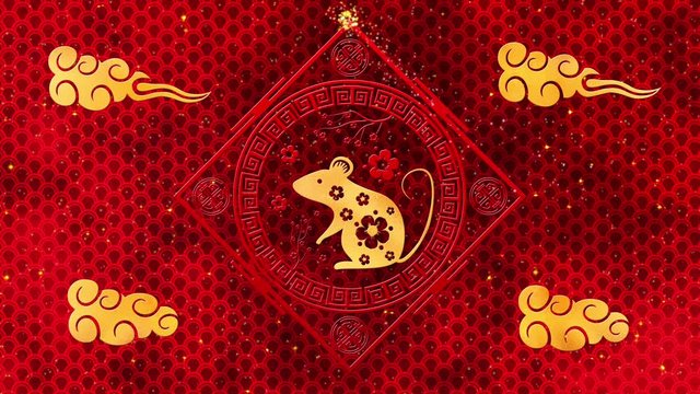 Lunar New Year, Spring Festival background with golden rat, red silk pattern. Chinese new year red paper backdrop for holiday event. 3D rendering animation. Seamless loop 4k
