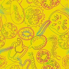 Botanical seamless pattern. Sliced vegetables and fruits. Сentipedes. Line drawing.