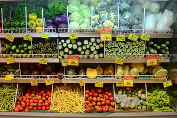 Local vegetables with prices in grocery supermarket. Kandy, Sri Lanka