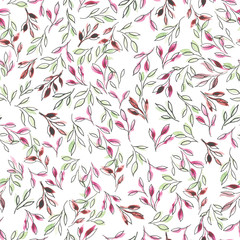  stock illustration. Watercolor colored leaves seamless pattern isolated on white background. hand drawing cute background in provence style. pink and green colors, ornament, background