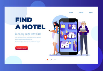 Design concept of hotel search and booking online. Hotel building detailed and reservation application interface. Vector illustration